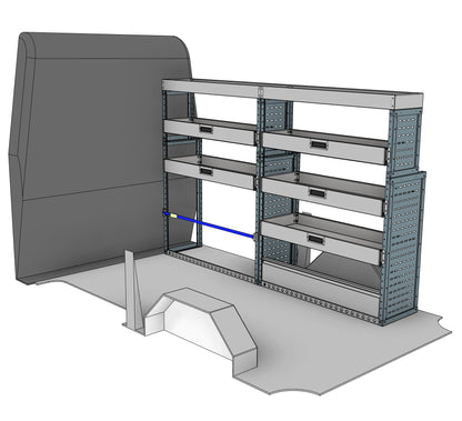 Offside drop front shelving unit, 5 shelves, 1600H x 2500W x 435/335D mm, from the Transit, Sprinter L2H2/H3 Van Drop Front Racking kit