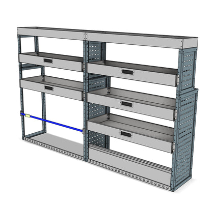Offside drop front shelving unit, 5 shelves, 1600H x 2500W x 435/335D mm, from the Transit, Sprinter L2H2/H3 Van Drop Front Racking kit, view 2