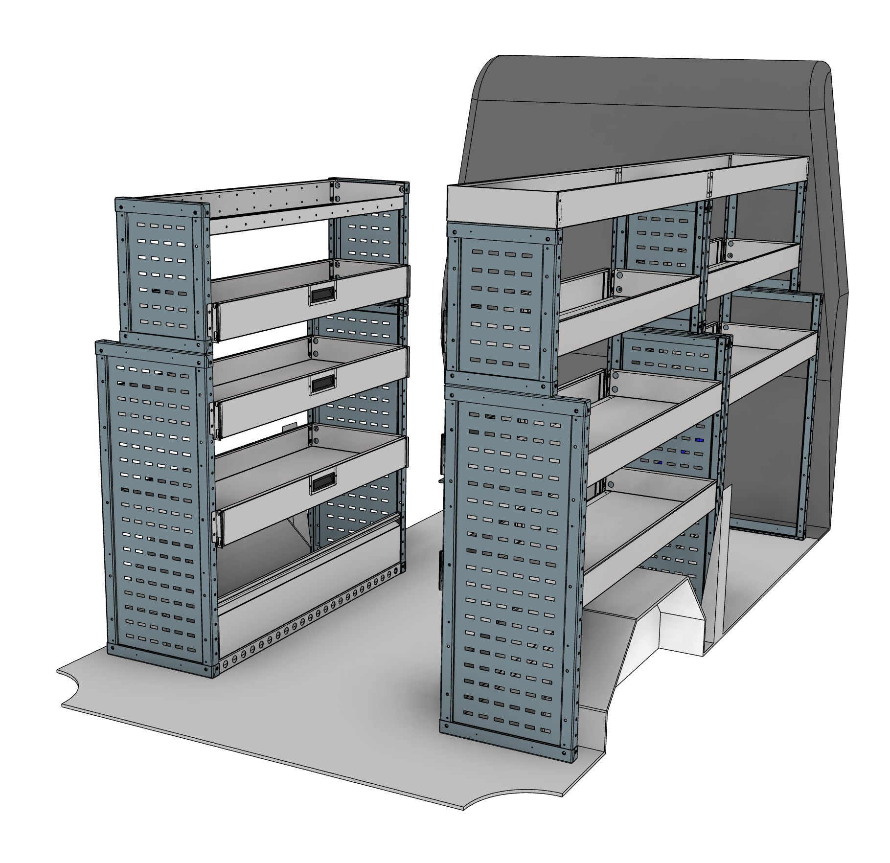 Transit, Sprinter L2H2/H3 Van Drop Front Racking full kit, nearside and offside drop front shelving units shown in the van layout