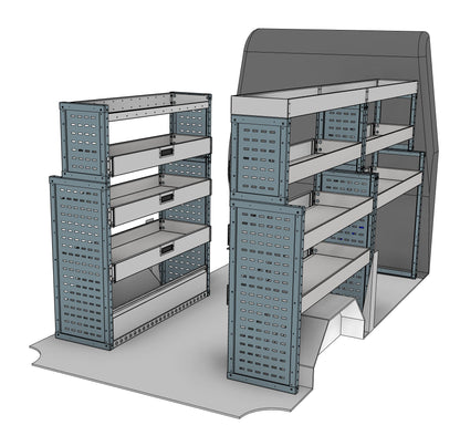 Transit, Sprinter L2H2/H3 Van Drop Front Racking full kit, nearside and offside drop front shelving units shown in the van layout