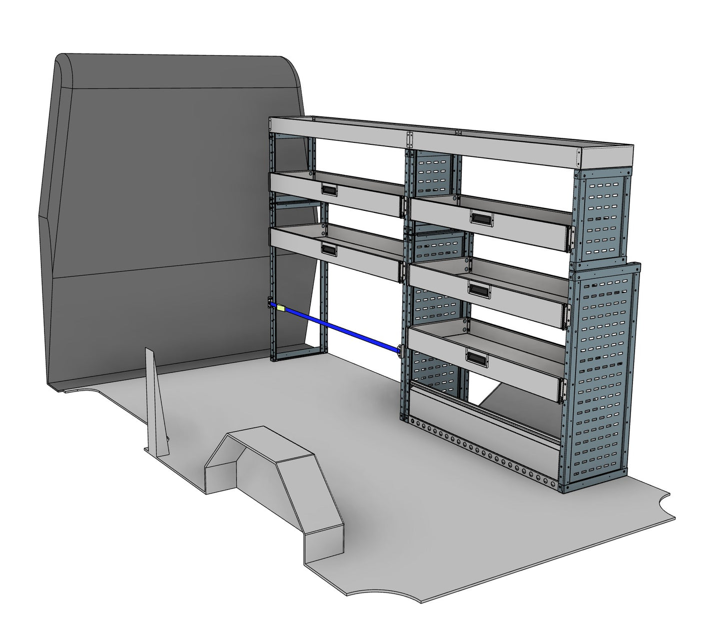 DK038 offside drop-front shelving unit with long item top tray