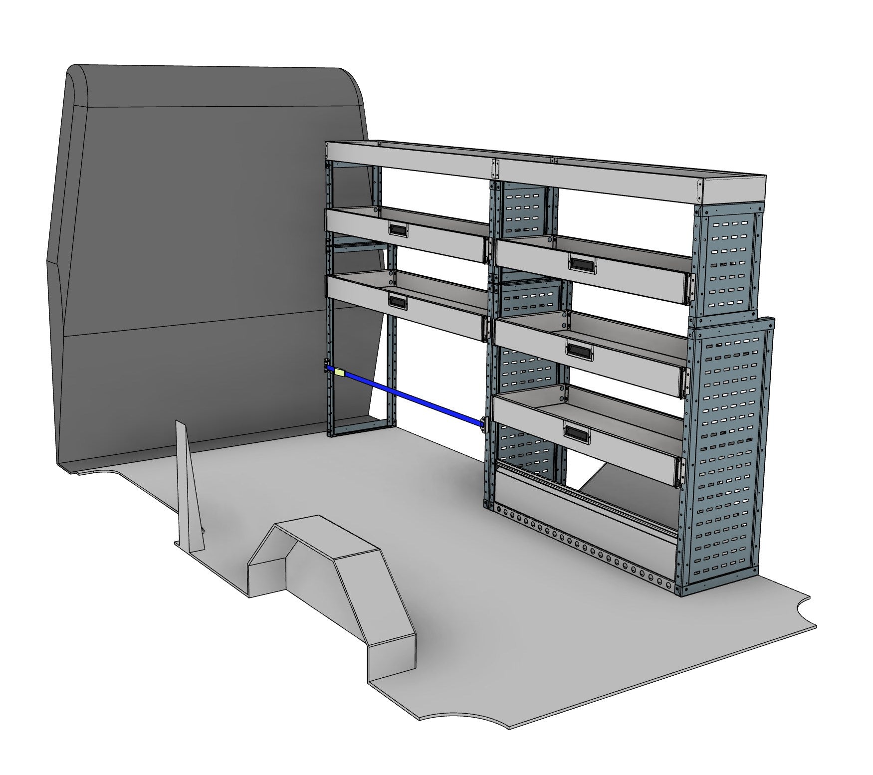 DK038 offside drop-front shelving unit with long item top tray