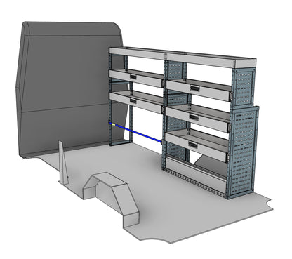 DK038 offside drop-front shelving unit with long item top tray
