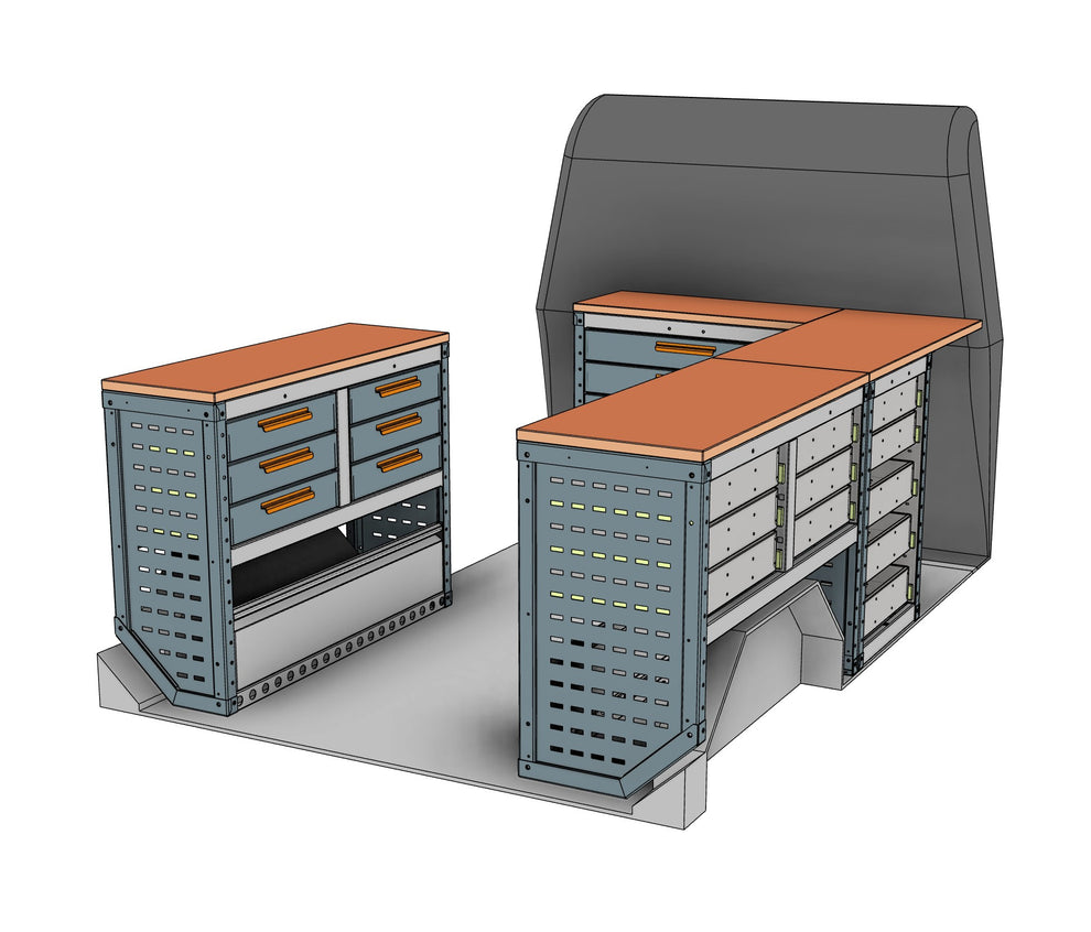 Auto locksmith van racking kit EK025 fitted in a van, benches down both sides and across the bulkhead