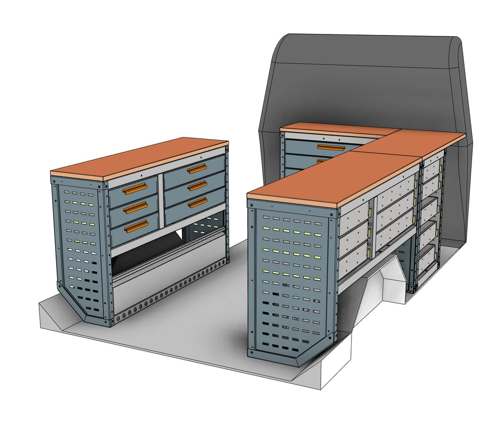 Auto locksmith van racking kit EK029 fitted in a van, benches down both sides and across the bulkhead