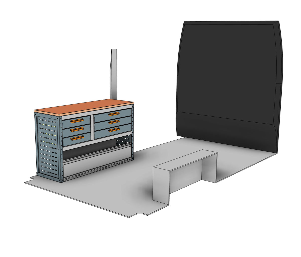 EK038 nearside bench unit with six drawers under a 1250 birch worktop, shown in the van
