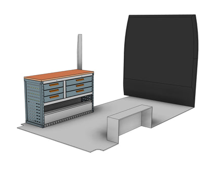 EK038 nearside bench unit with six drawers under a 1250 birch worktop, shown in the van