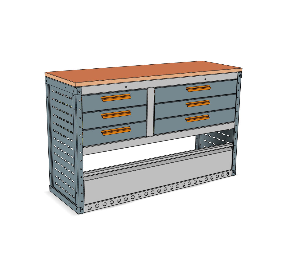 EK038 nearside bench unit, six drawers in two columns above a drop front kick plate