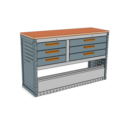 EK038 nearside bench unit, six drawers in two columns above a drop front kick plate