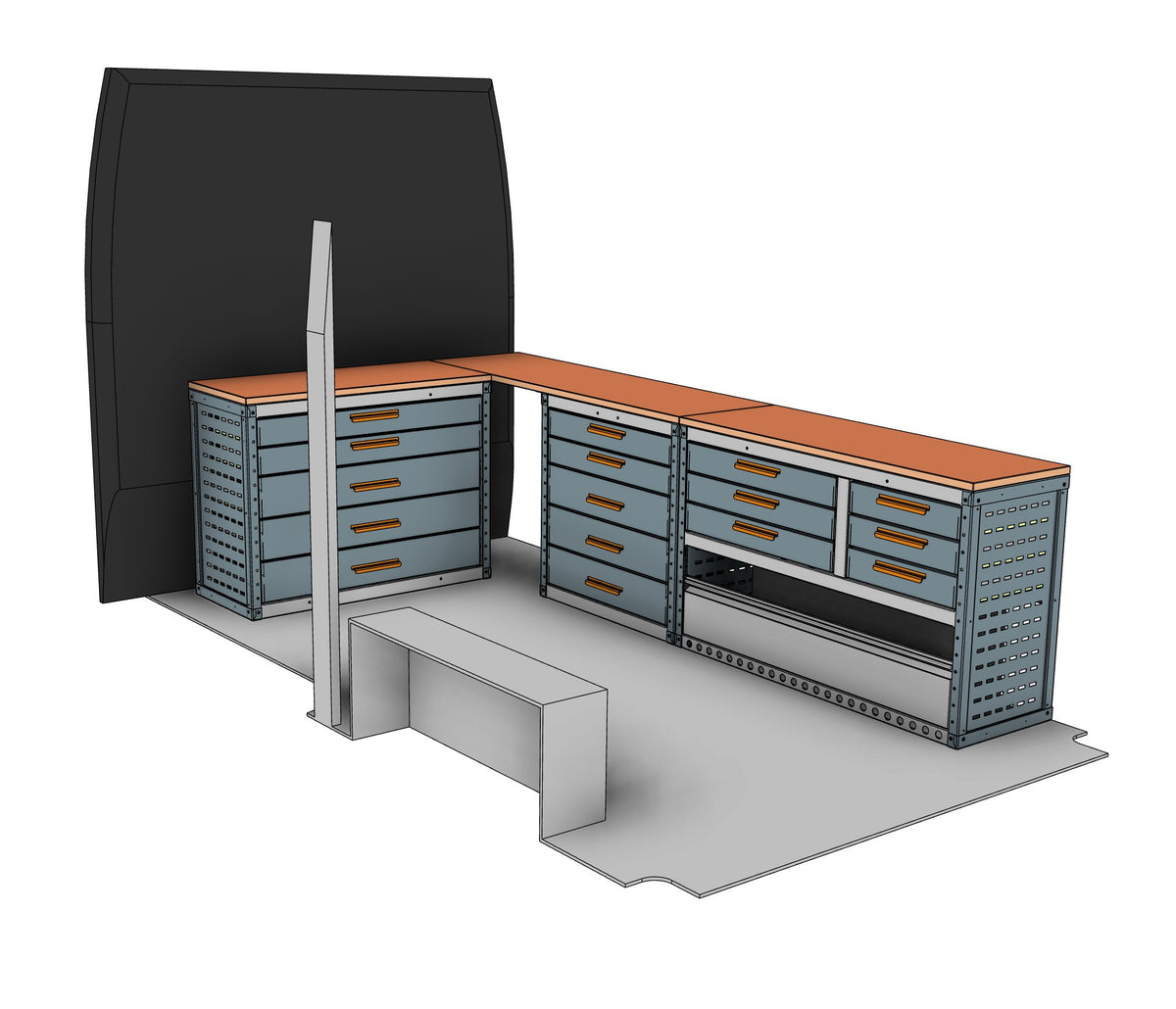 EK038 auto locksmith kit, offside bench run and a deep bulkhead bench under birch worktops