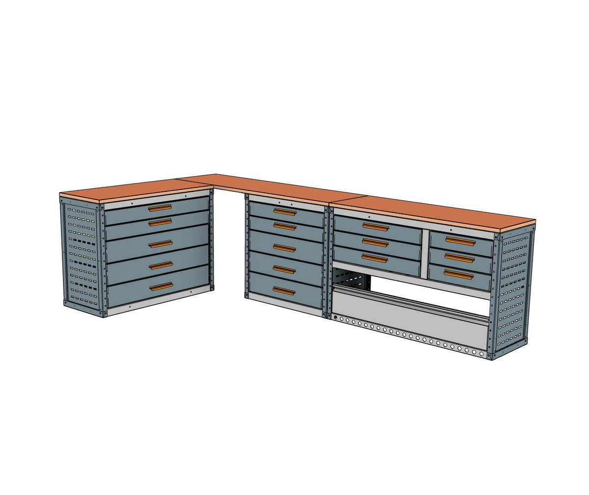 EK038 offside bench run, sixteen drawers under birch worktops with the 435 deep bulkhead bench