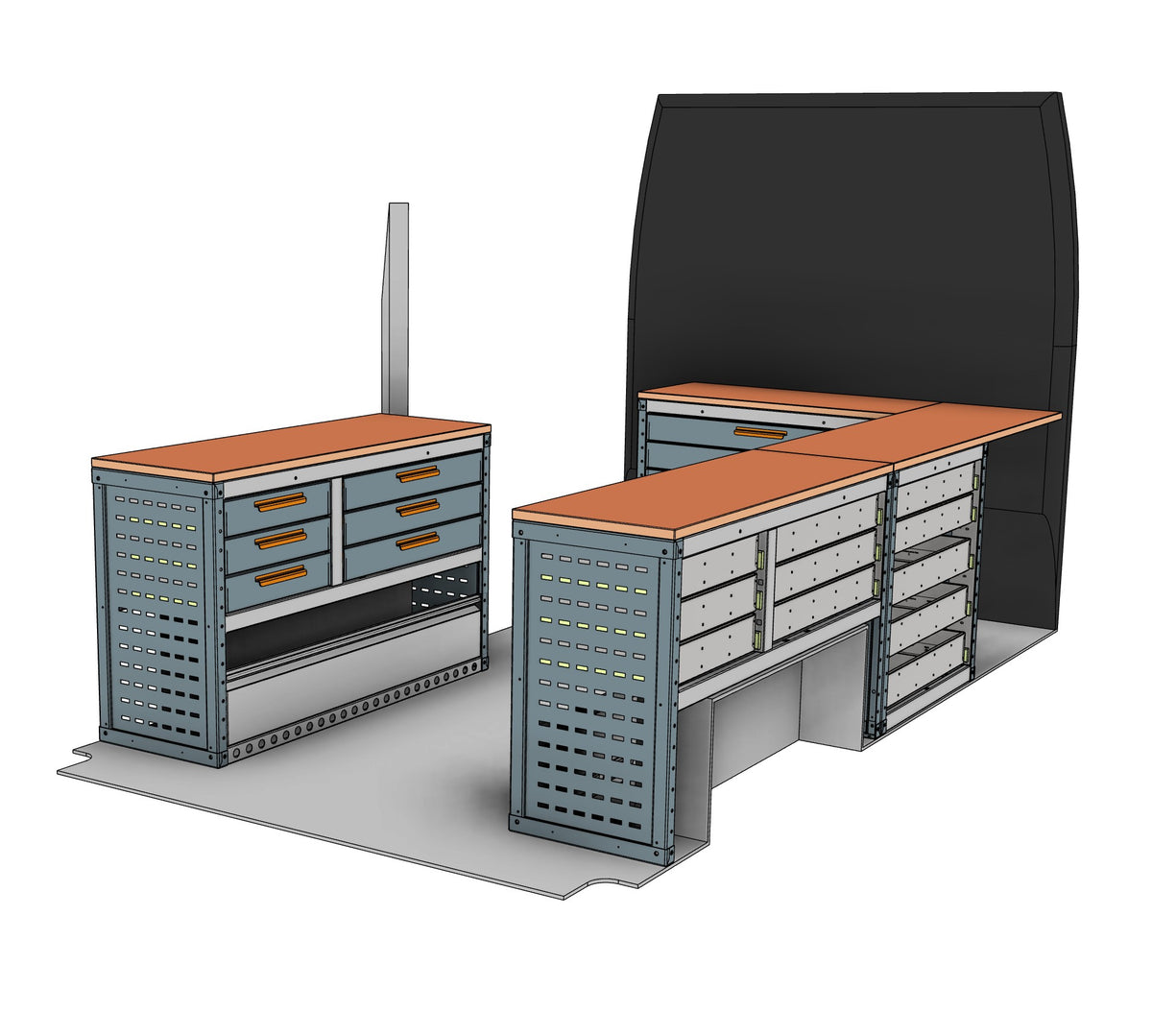 Auto locksmith van racking kit EK038 fitted in a large van, benches down both sides and across the bulkhead