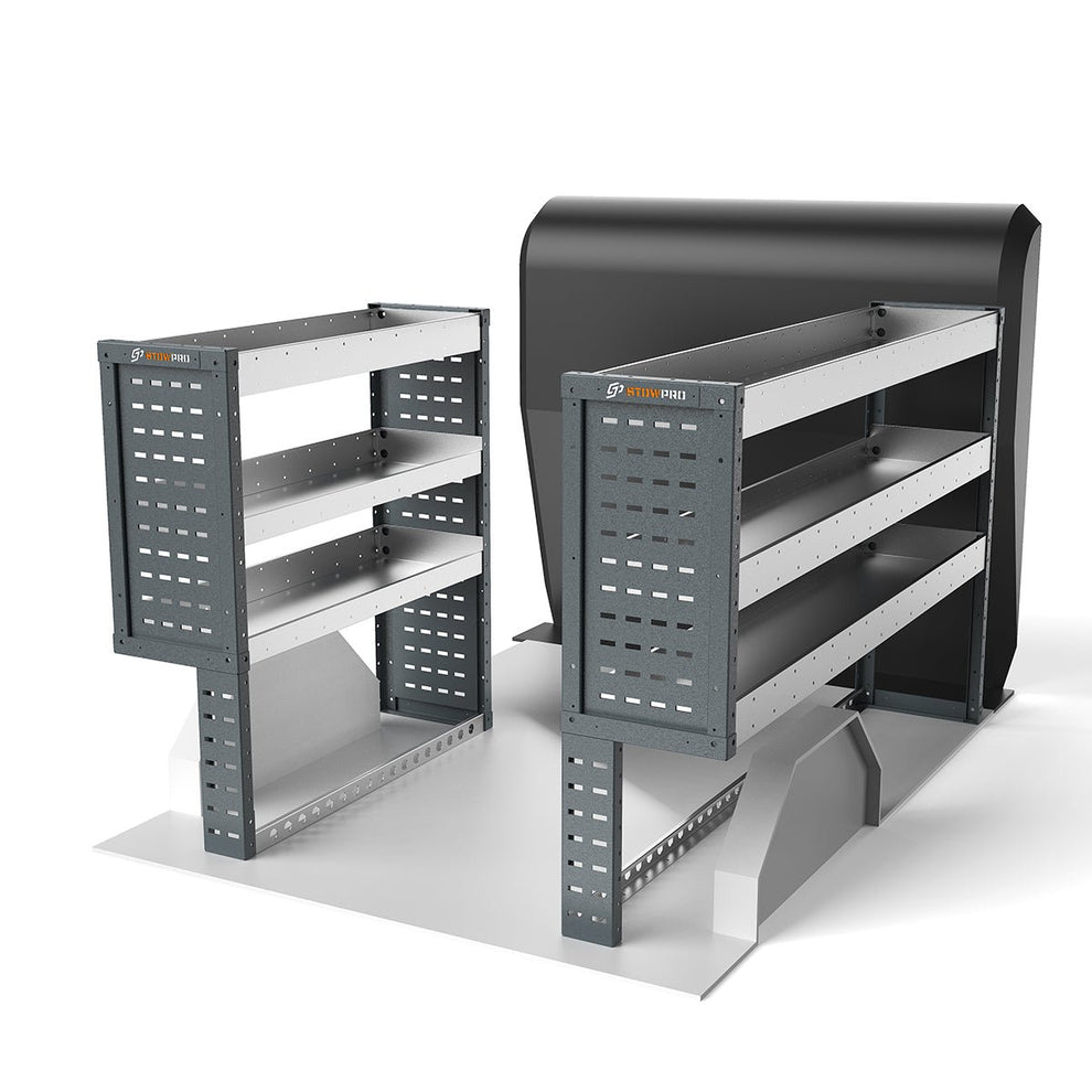 Caddy Maxi, Expert, Scudo, Citan L1H1 Van Racking full kit, nearside and offside steel shelving units shown in the van layout