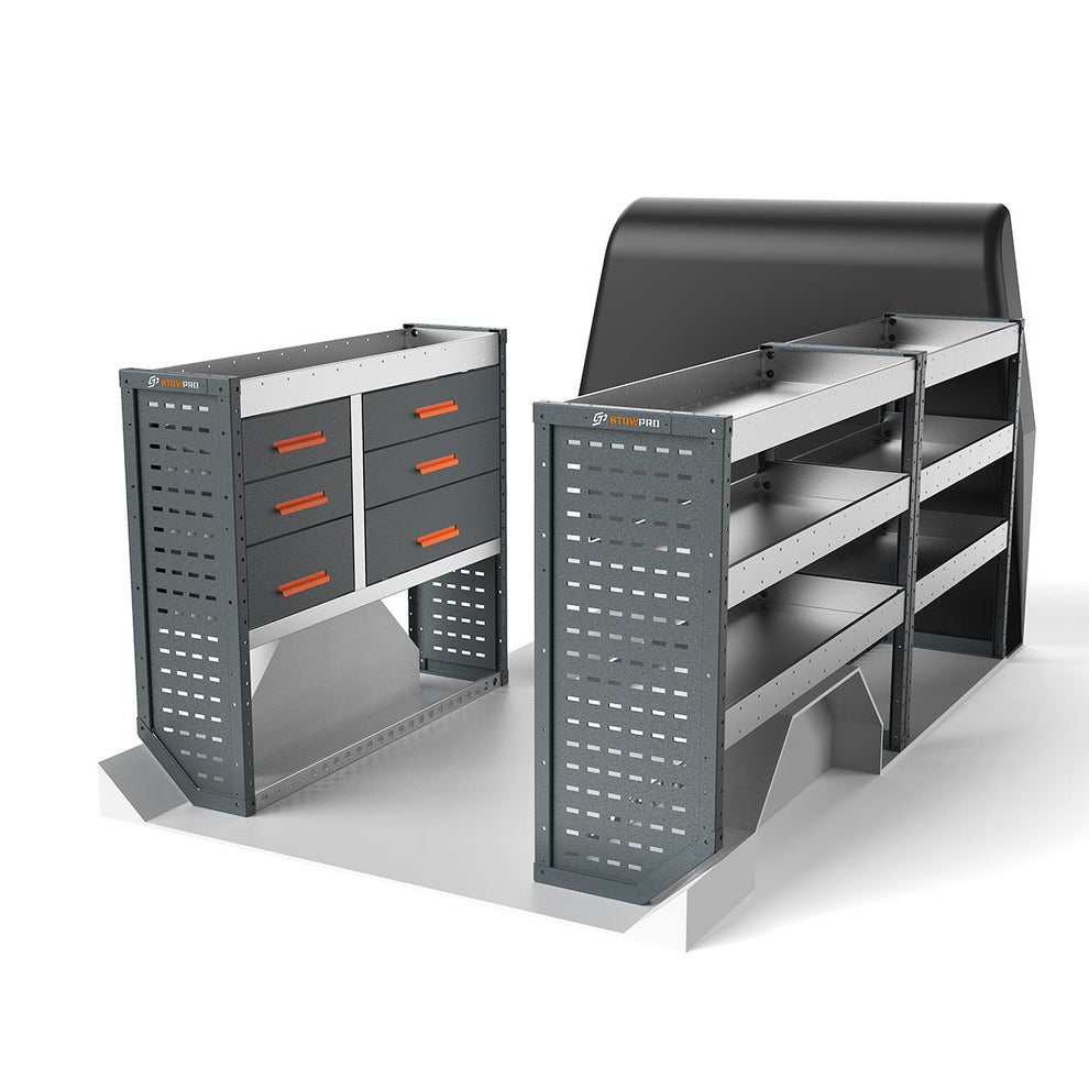 Vivaro, Expert, Dispatch L Van Workshop Racking full kit, nearside drawer unit and offside steel shelving unit shown in the van layout
