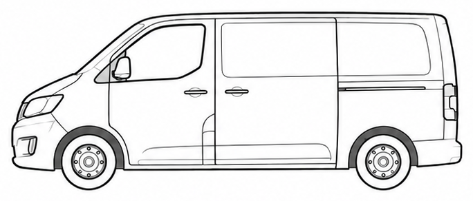 Outline drawing of a mid-size panel van, side view.